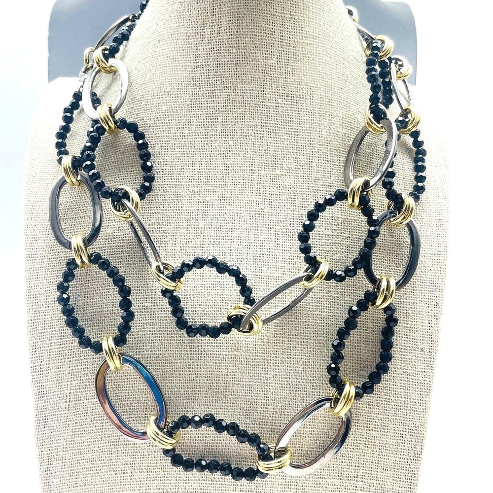 Vintage Black Beaded Necklace Oval Link Mixed Metal Tone Long Statement